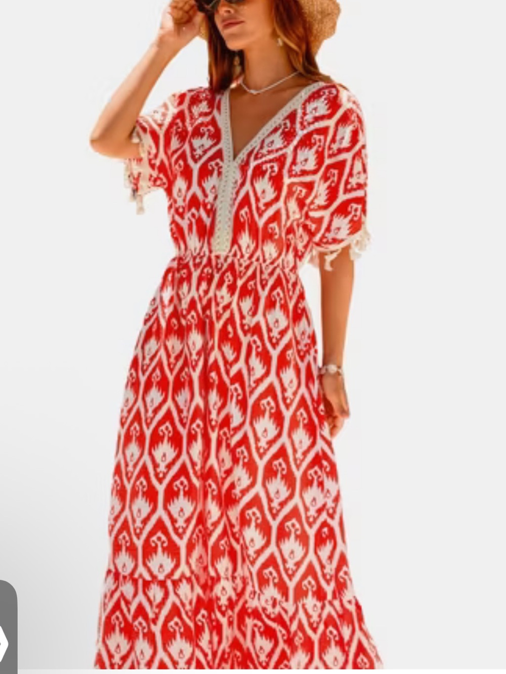 Cupshe NWT S Boho Tassel Trim Orange Ikat Maxi Dress beach dress